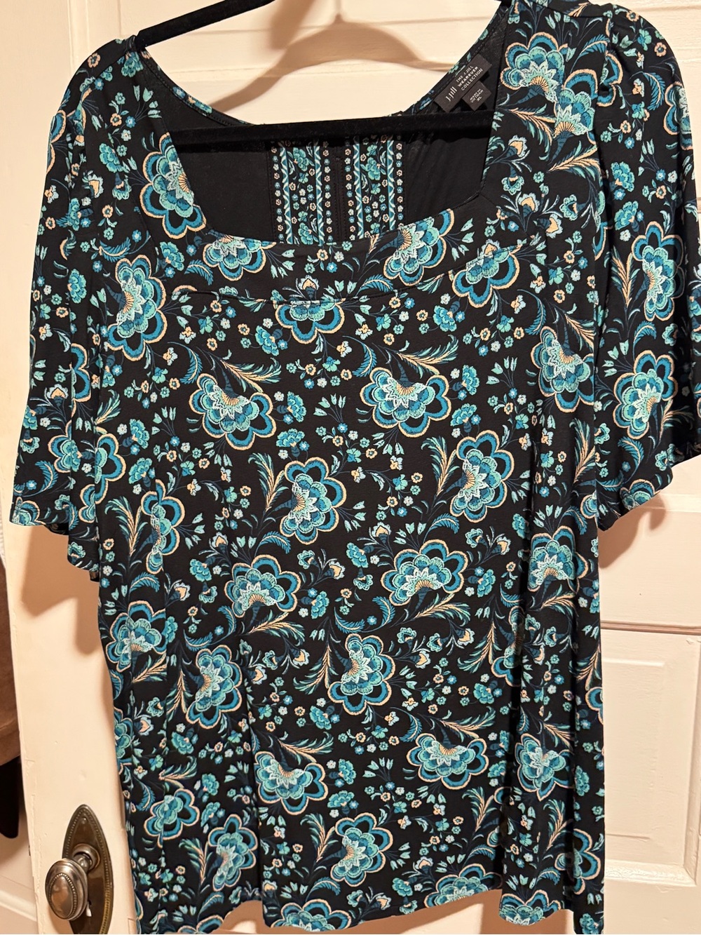 J. Jill Black Scoop Neck Tee with Teal Floral Print